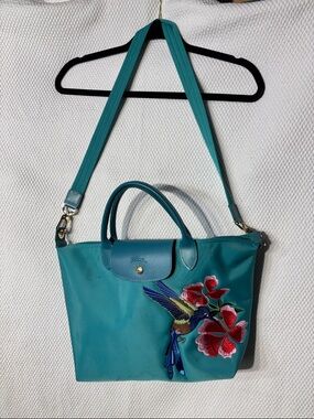 LONGCHAMP Teal Hummingbird Embroidered Tote Bag With Strap Made in France